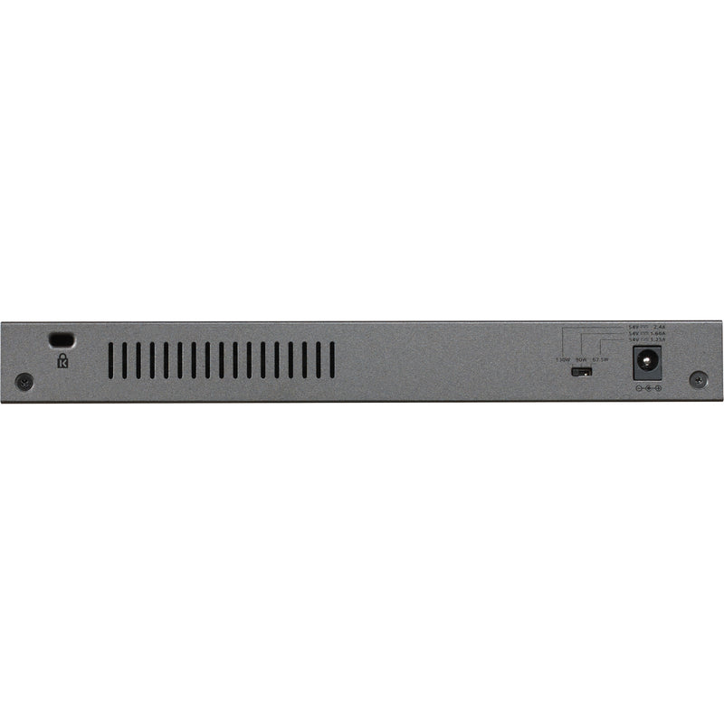 Rear view of NETGEAR GS108PP switch showing ventilation slots and power input