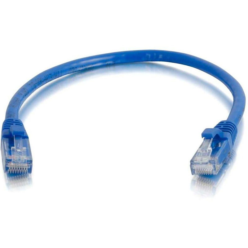 Blue Cat6 ethernet patch cable with clear RJ-45 connectors showing full cable length