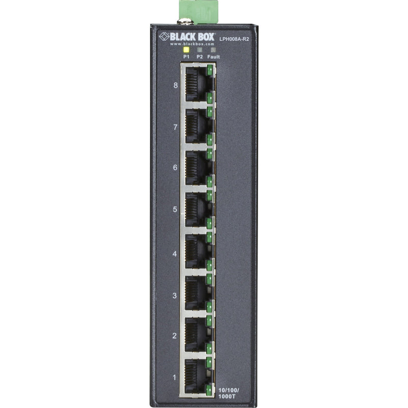 Front view of Black Box LPH008A-R2 industrial switch displaying 8 numbered Gigabit ports with status indicators