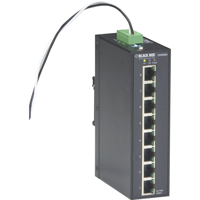 Side view of Black Box LPH008A-R2 industrial switch showing 8 Gigabit ports and dual power input terminal block