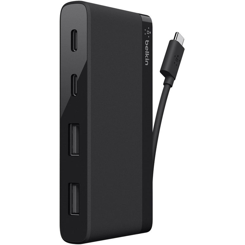 Side view of Belkin USB-C 4-Port Mini Hub showing multiple ports and attached cable