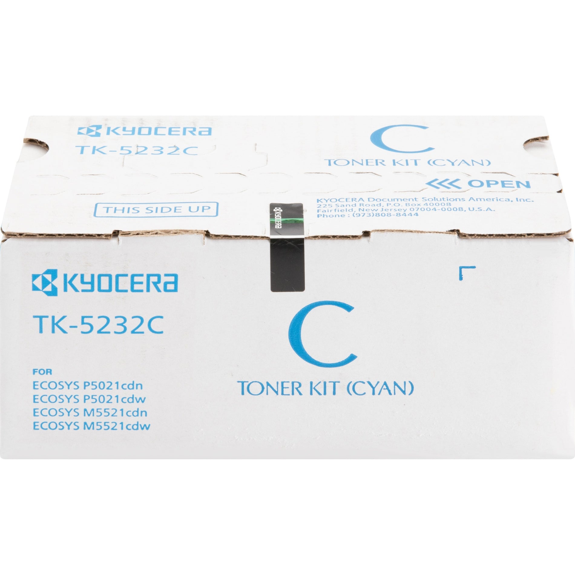 Kyocera TK-5232C genuine cyan toner cartridge in white packaging with blue text showing compatibility with ECOSYS P5021 and M5521 series printers-alternate-image1