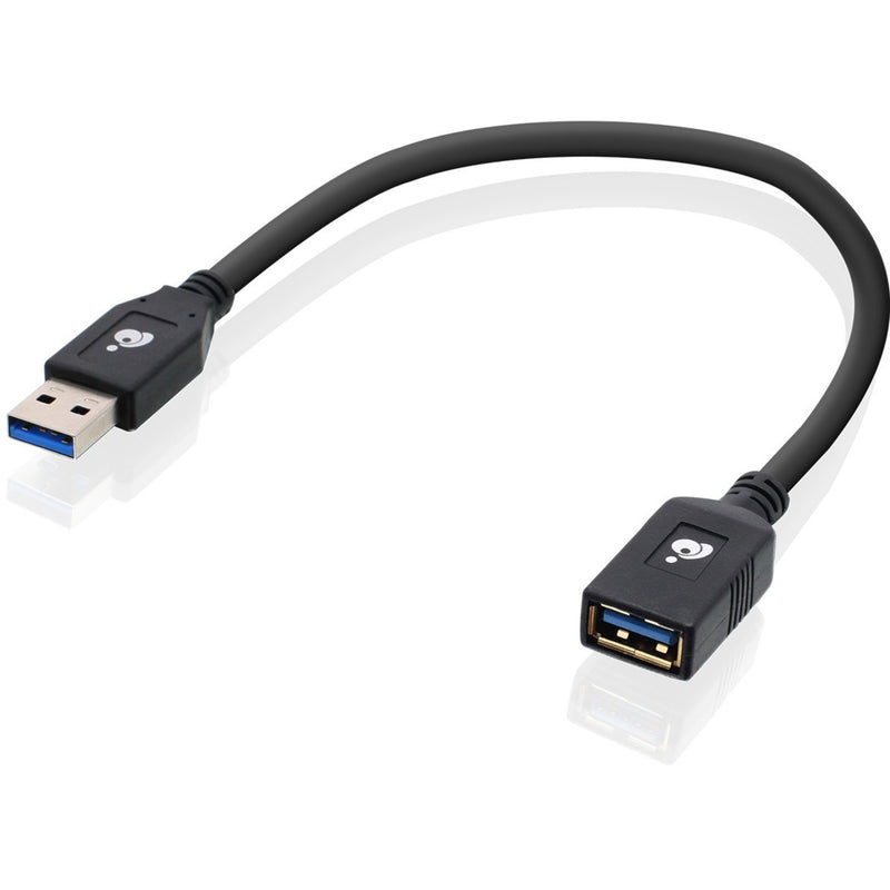 IOGEAR USB 3.0 extension cable with blue-colored USB ports showing male and female connectors in curved position