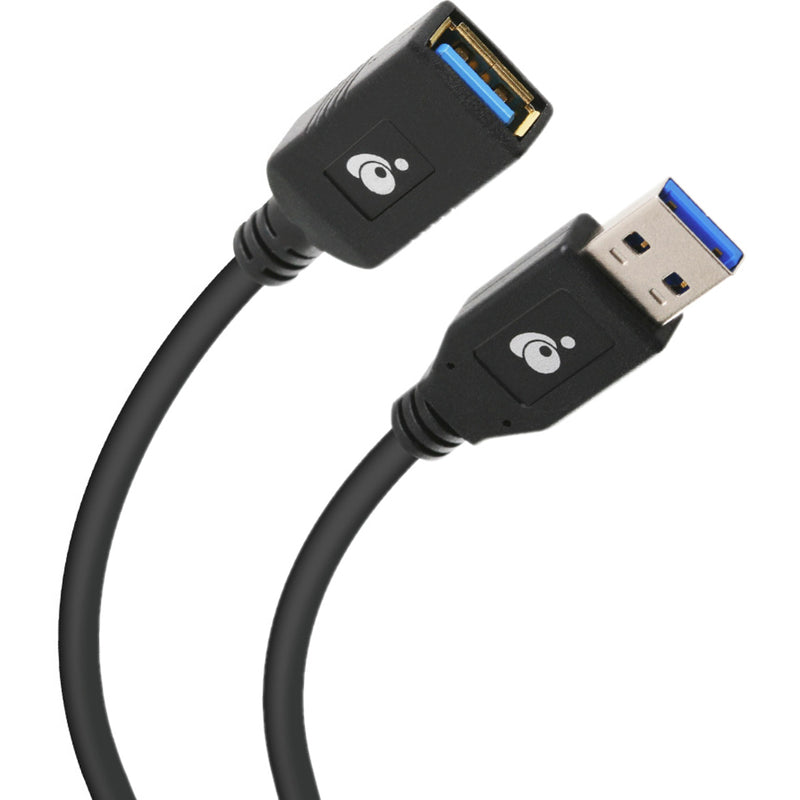 Close-up detail of IOGEAR USB 3.0 extension cable connectors showing gold-plated contacts and blue USB 3.0 ports