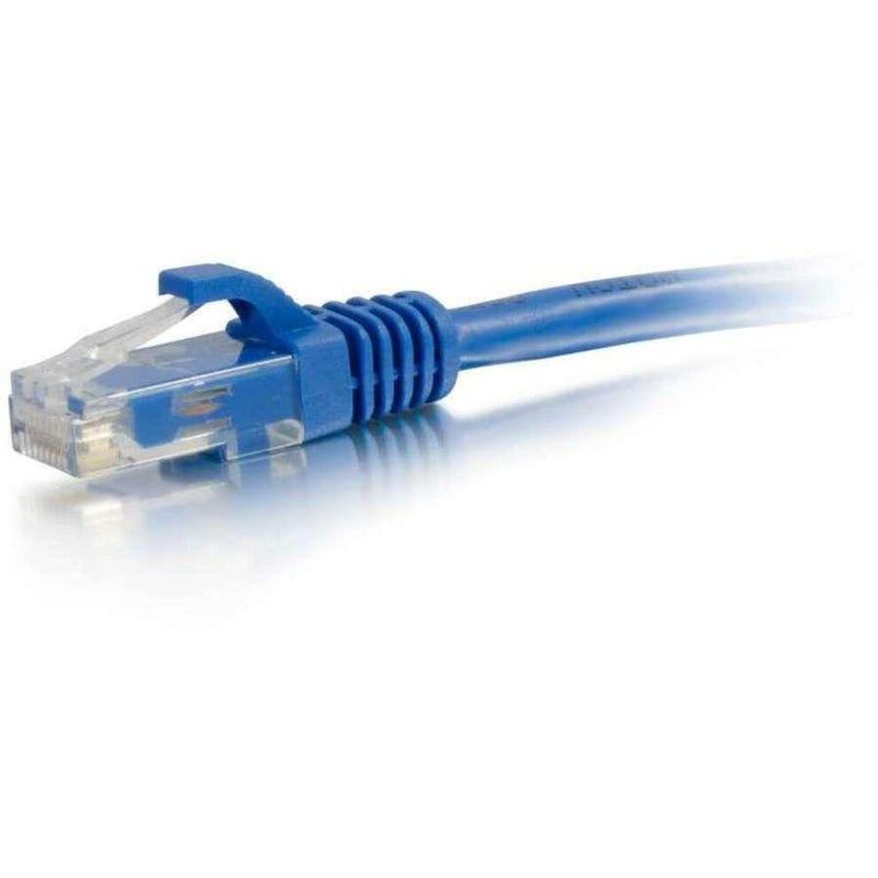 Detailed view of blue snagless boot and RJ-45 connector on Cat6 ethernet cable