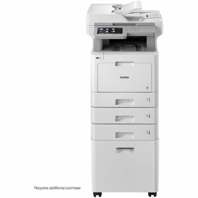 Side profile of Brother printer with CB1010 cabinet and paper trays in vertical configuration