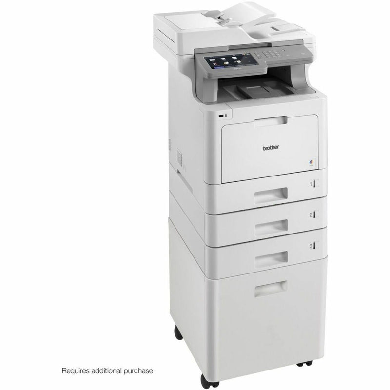 Angled view of complete Brother printer system with CB1010 cabinet showing ergonomic design