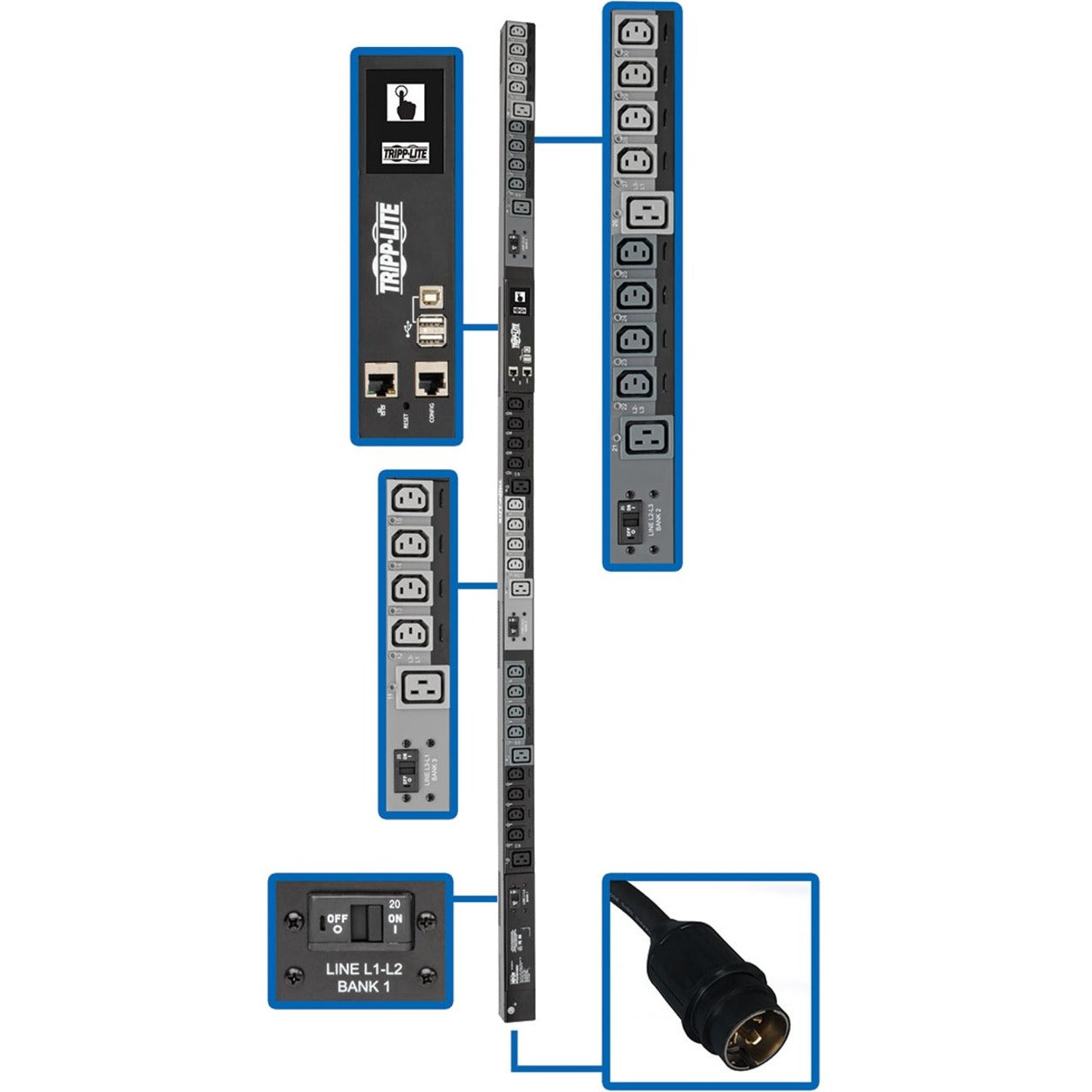 Network management interface of Tripp Lite PDU showing touchscreen display, Ethernet ports, and USB connections-alternate-image1