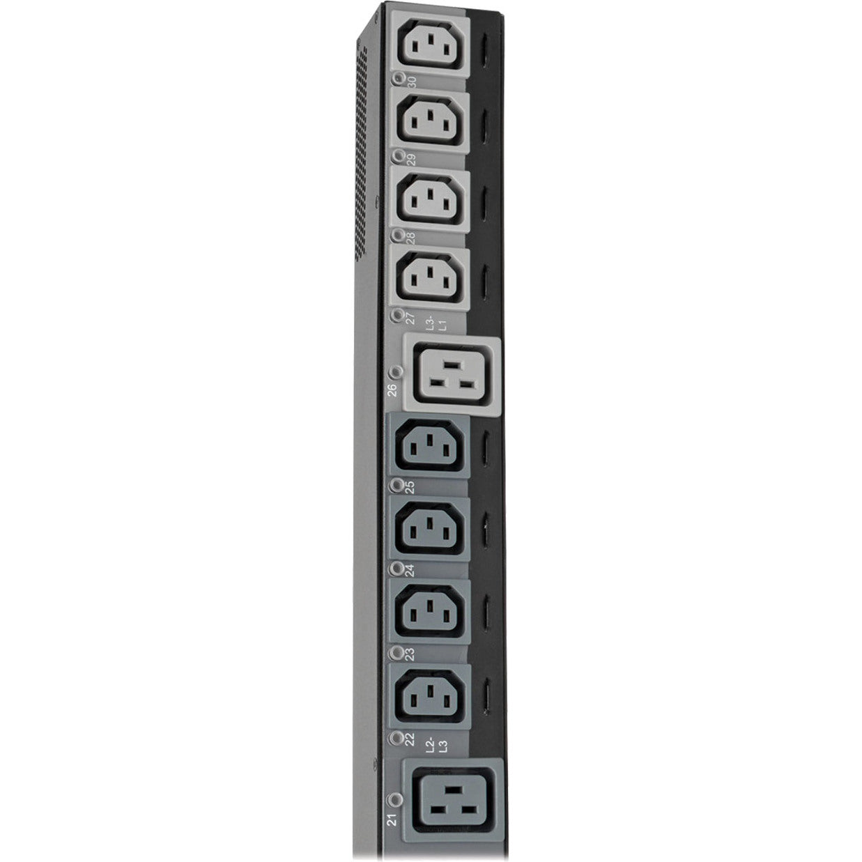 Close-up view of PDU outlet bank configuration showing C13 and C19 outlets-alternate-image4