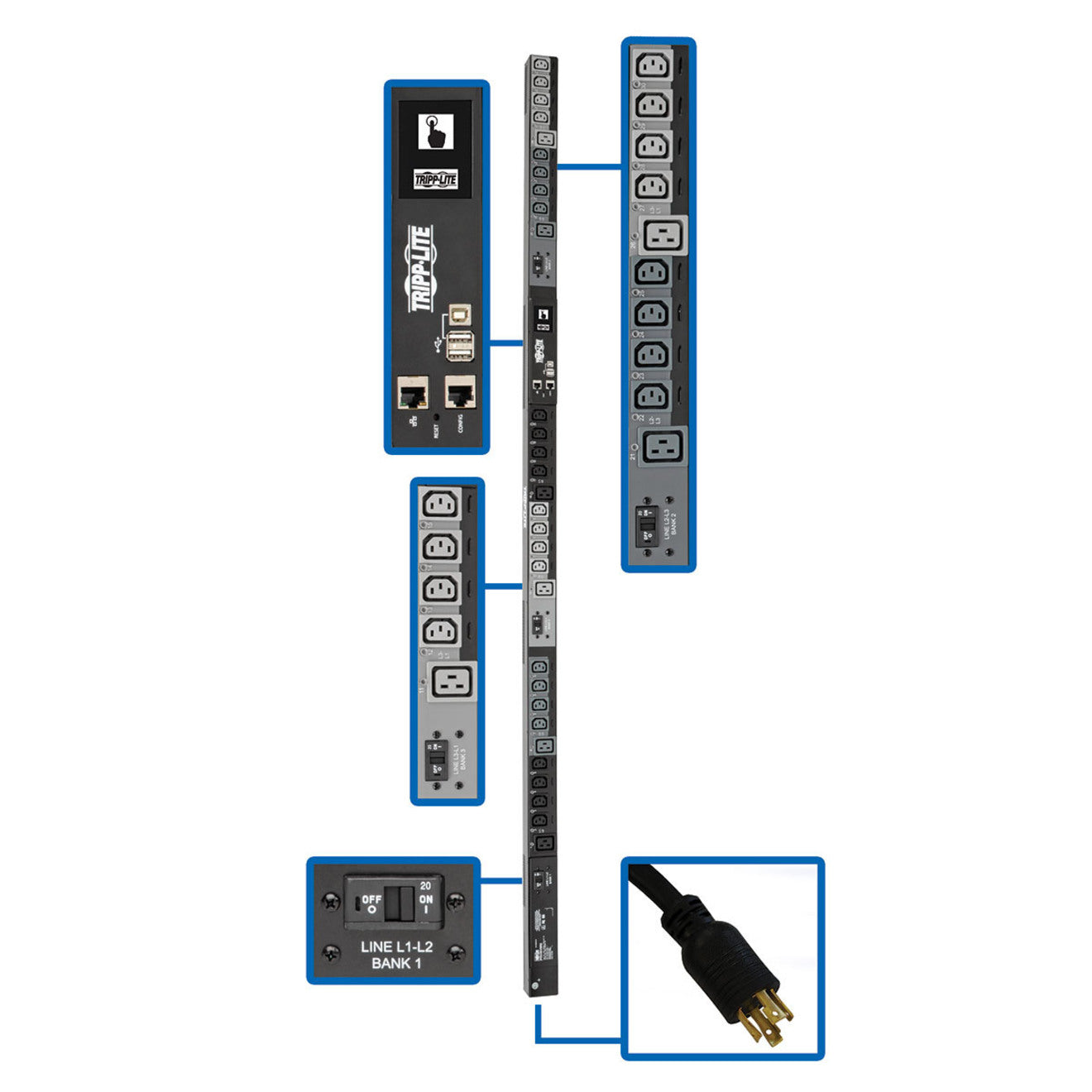 Tripp Lite PDU3EVSR6L2130 30-Outlet PDU 10 kW Power Rating Three Phase Switched Overload Protection Tripp Lite PDU3EVSR6L2130 30-Outlet PDU 10 kW Vermogen Beoordeling Drie Fase Geschakeld Overbelastingsbescherming