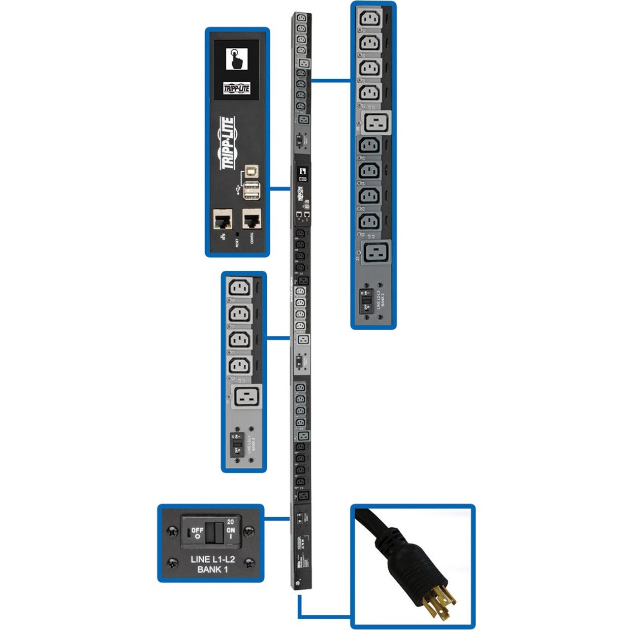 Detailed view of PDU network interface panel with Ethernet ports, USB connections, and vertical outlet arrangement-alternate-image1