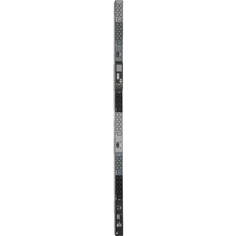 Full-length view of PDU showing complete outlet array and phase indicators