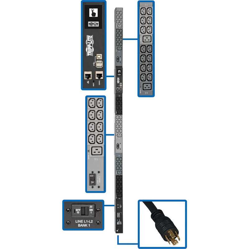 Detailed view of PDU3EVN10L2130B showing network interface, outlet banks, and power input connection