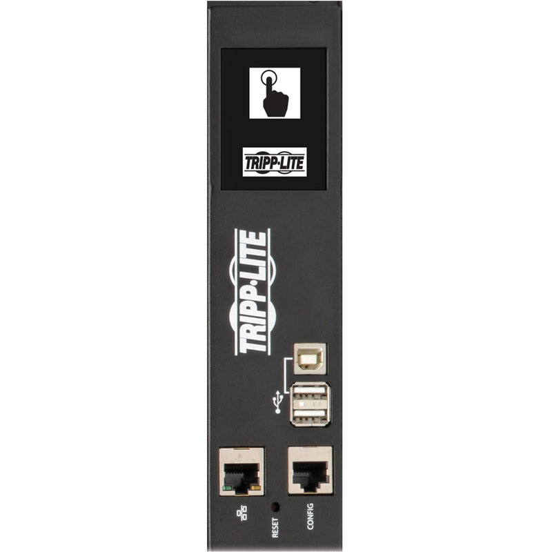 Close-up of PDU touchscreen interface showing power monitoring display