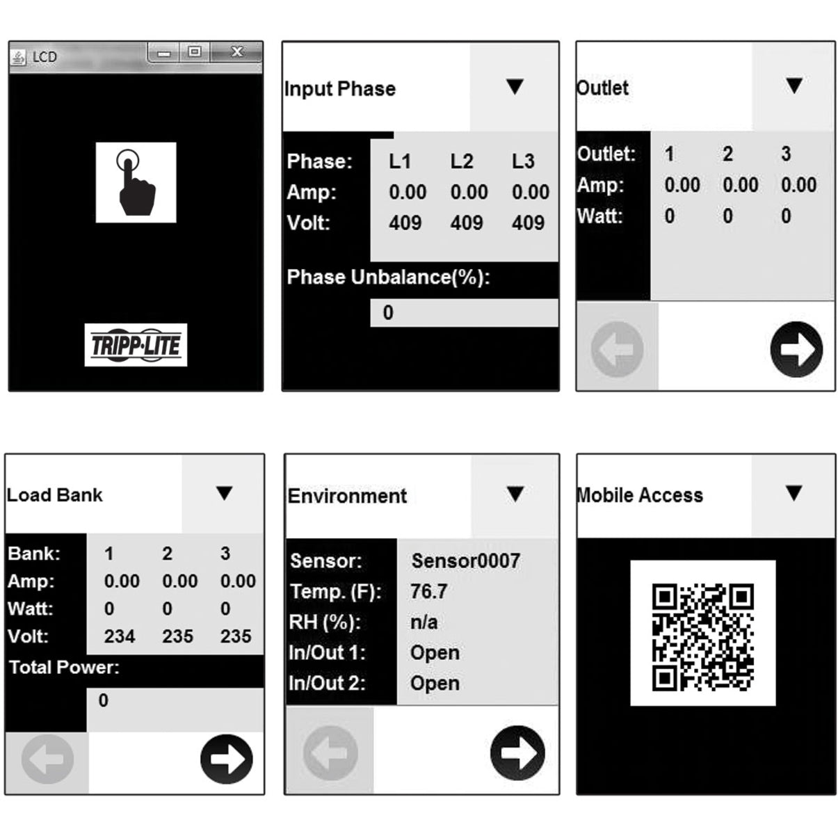 Multiple views of PDU digital interface showing power and environmental monitoring screens-alternate-image6