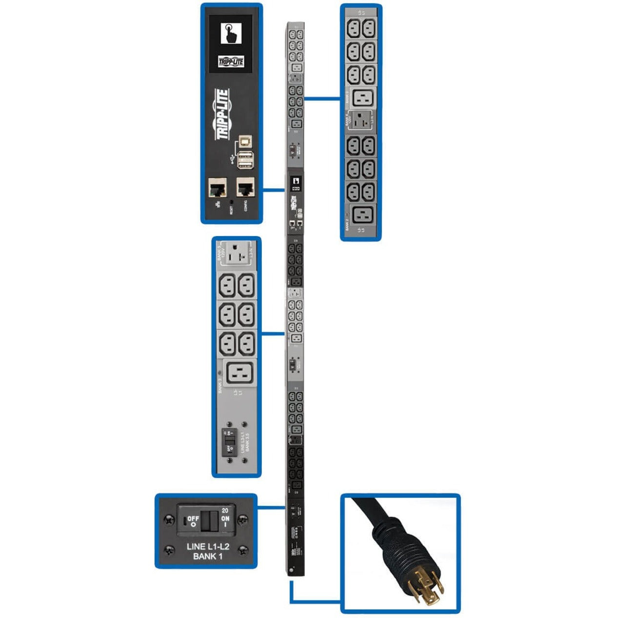 Detailed view of PDU3EVN6L2130 showing network interface, outlet banks, and power monitoring display-alternate-image1