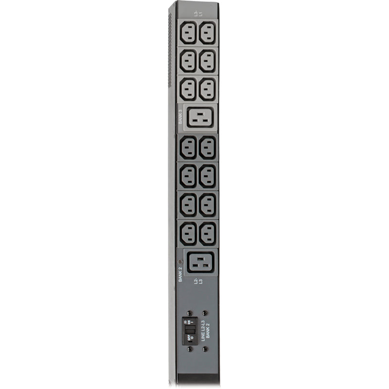 Close-up of PDU outlet bank showing C13 and C19 outlet arrangement with safety features