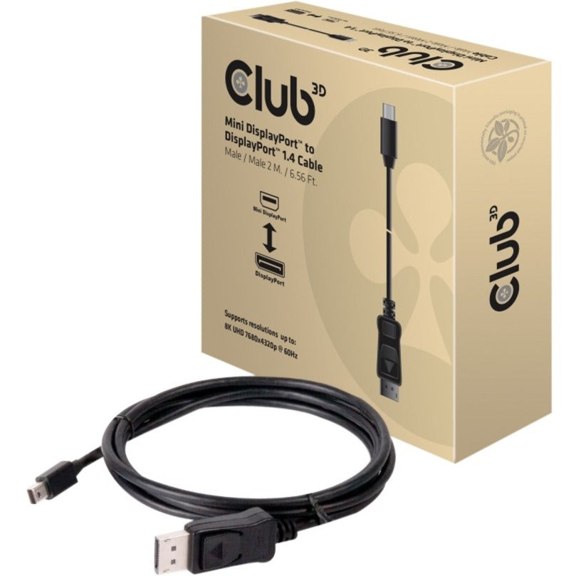 Club 3D Mini DisplayPort to DisplayPort 1.4 cable retail packaging and product showing black cable with connectors-alternate-image1