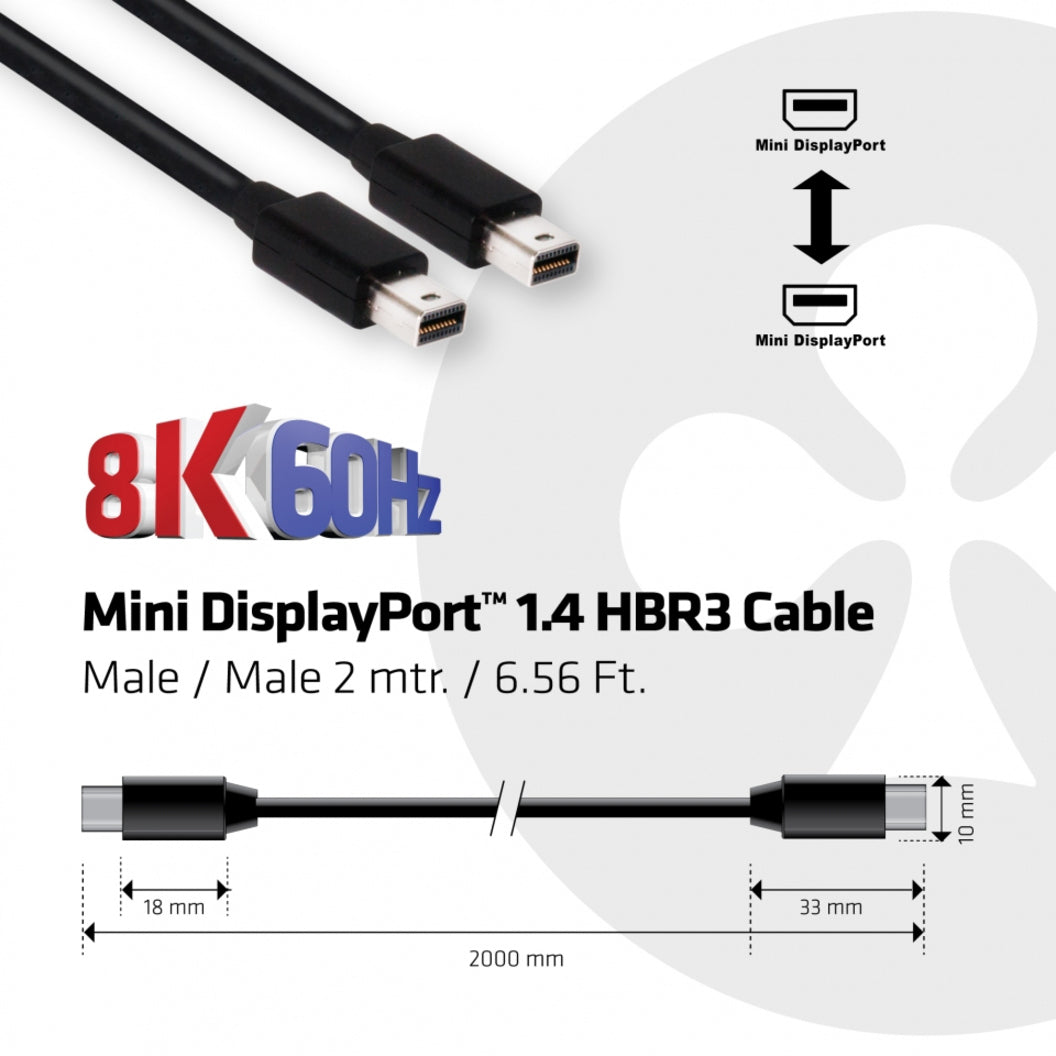 Club 3D CAC-1164 MiniDisplayPort 1.4 HBR3 Cable M/M 2m/6.56 Ft., High-Speed Data Transfer, 8K Resolution Support