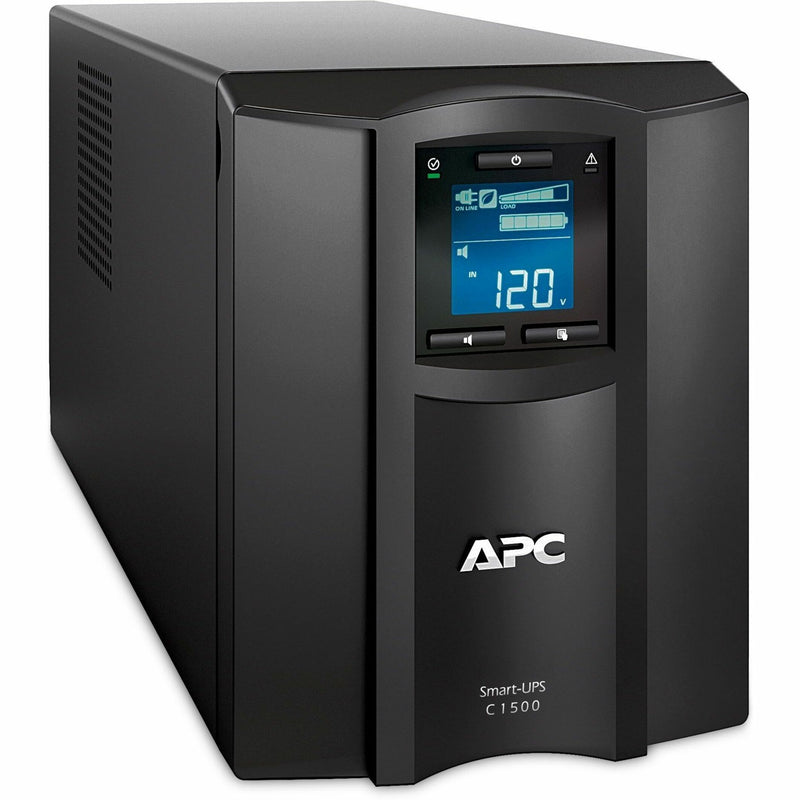 APC Smart-UPS SMC1500C 1500VA UPS system showing LCD display and front view of black tower unit