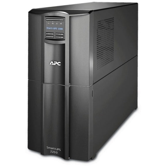 Front view of APC SMT2200C Smart-UPS 2200VA tower unit featuring LCD display panel and black professional enclosure