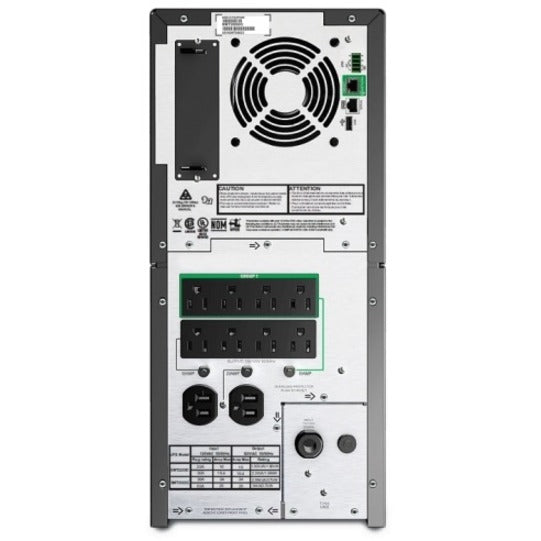 Rear view of APC SMT2200C Smart-UPS showing multiple power outlets, cooling fan, and connectivity ports