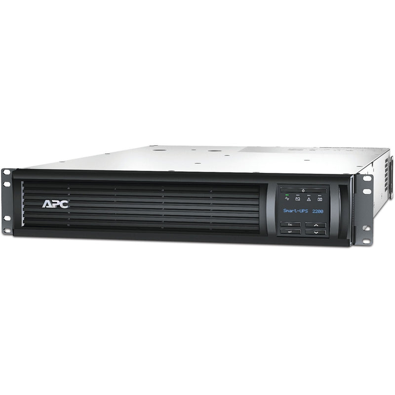 Angled view of APC Smart-UPS 2200VA showing rack mount design and digital display interface