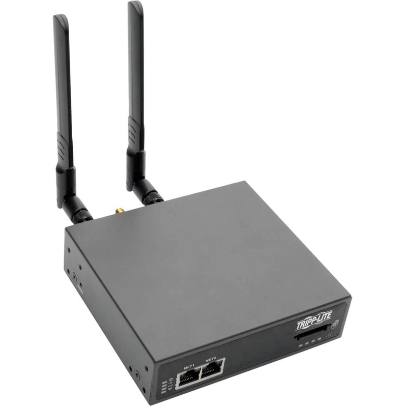 Tripp Lite B093-004-2E4U-V device server with dual cellular antennas and dual Ethernet ports shown from angled perspective