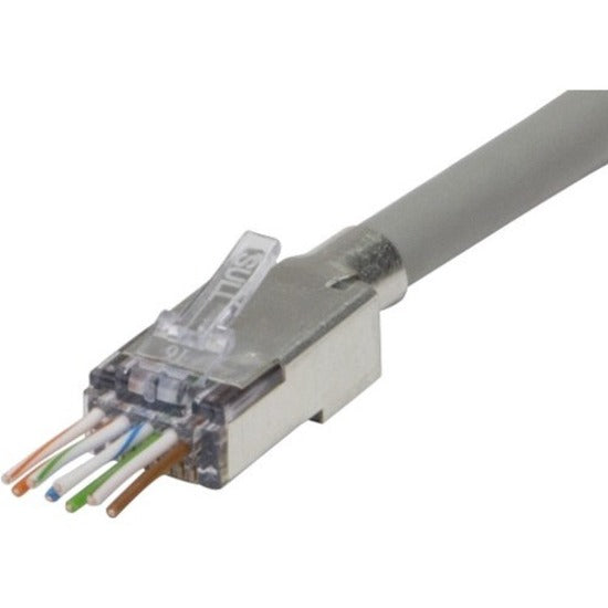 Terminated ezEX48 connector showing pass-through design with Cat6A cable installation