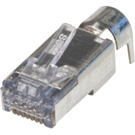 Front view of ezEX48 shielded Cat6A connector showing transparent housing and gold-plated contacts