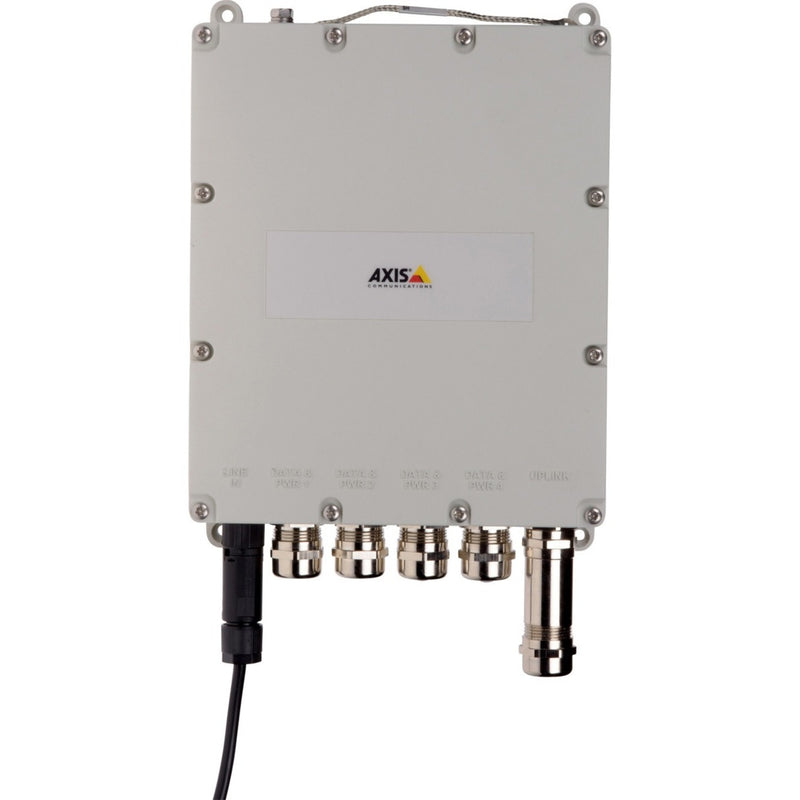 AXIS T8504-E Outdoor PoE Switch showing weatherproof enclosure with four PoE ports and SFP uplink connector