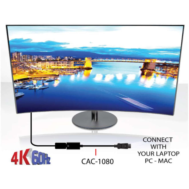 4K display showing vibrant cityscape connected via Club 3D adapter with technical specifications