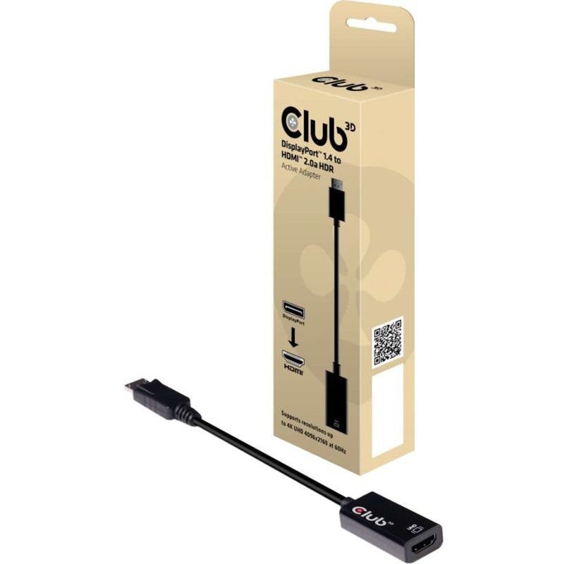 Club 3D DisplayPort to HDMI adapter shown with retail packaging box featuring product specifications and branding