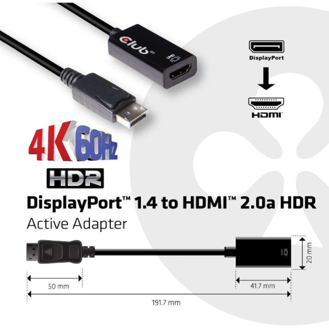 Technical diagram showing adapter dimensions, DisplayPort to HDMI conversion, and 4K HDR specifications