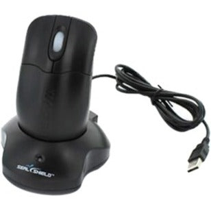 Black Seal Shield wireless mouse resting on its charging dock with USB cable connection