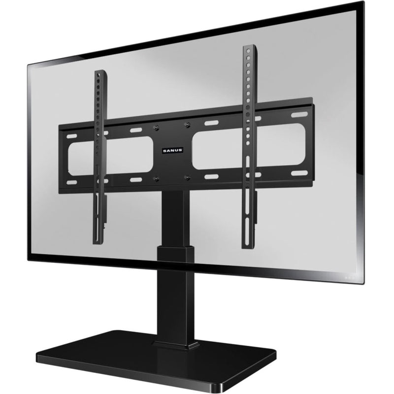 SANUS TV stand with mounted TV showing height adjustment capability