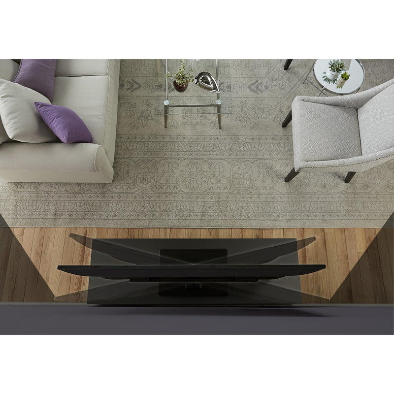 Top view of SANUS TV stand demonstrating swivel range