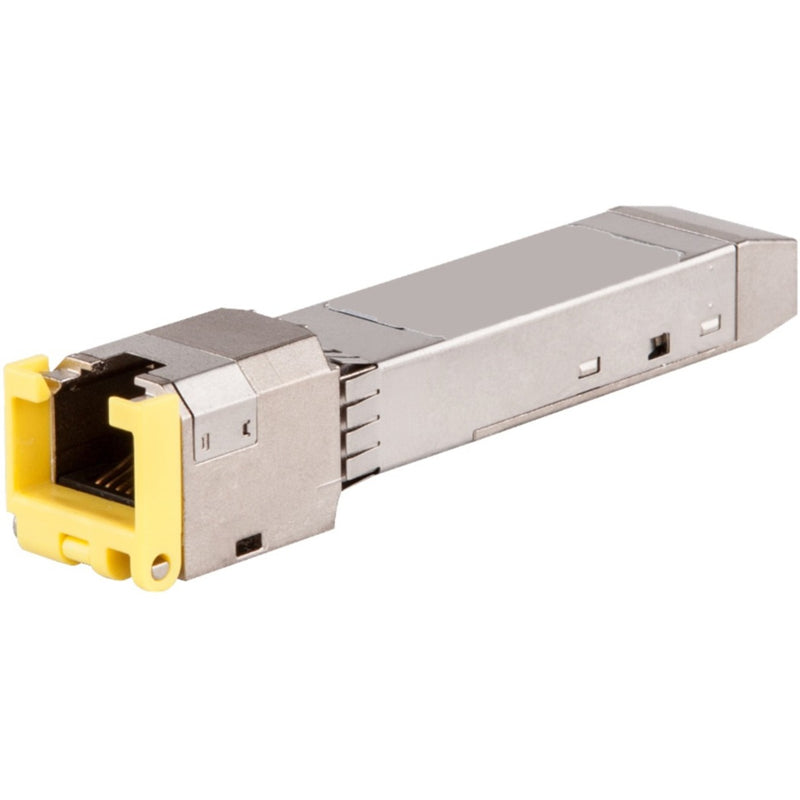 Aruba 1G SFP RJ45 T transceiver module with yellow RJ45 port and metallic housing