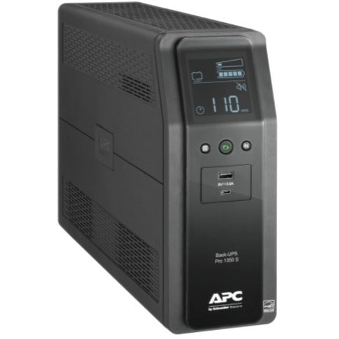 Angled view of APC BR1350MS UPS showing tower design and ventilation system