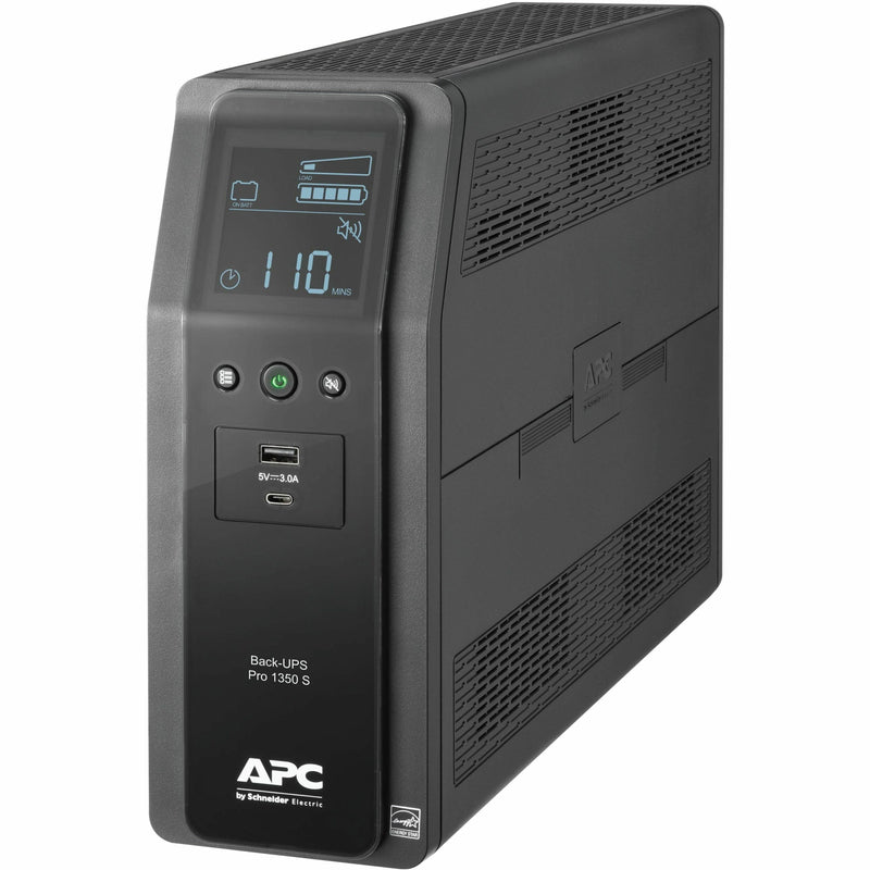 Front view of APC BR1350MS UPS showing LCD display interface, control buttons, and USB charging ports