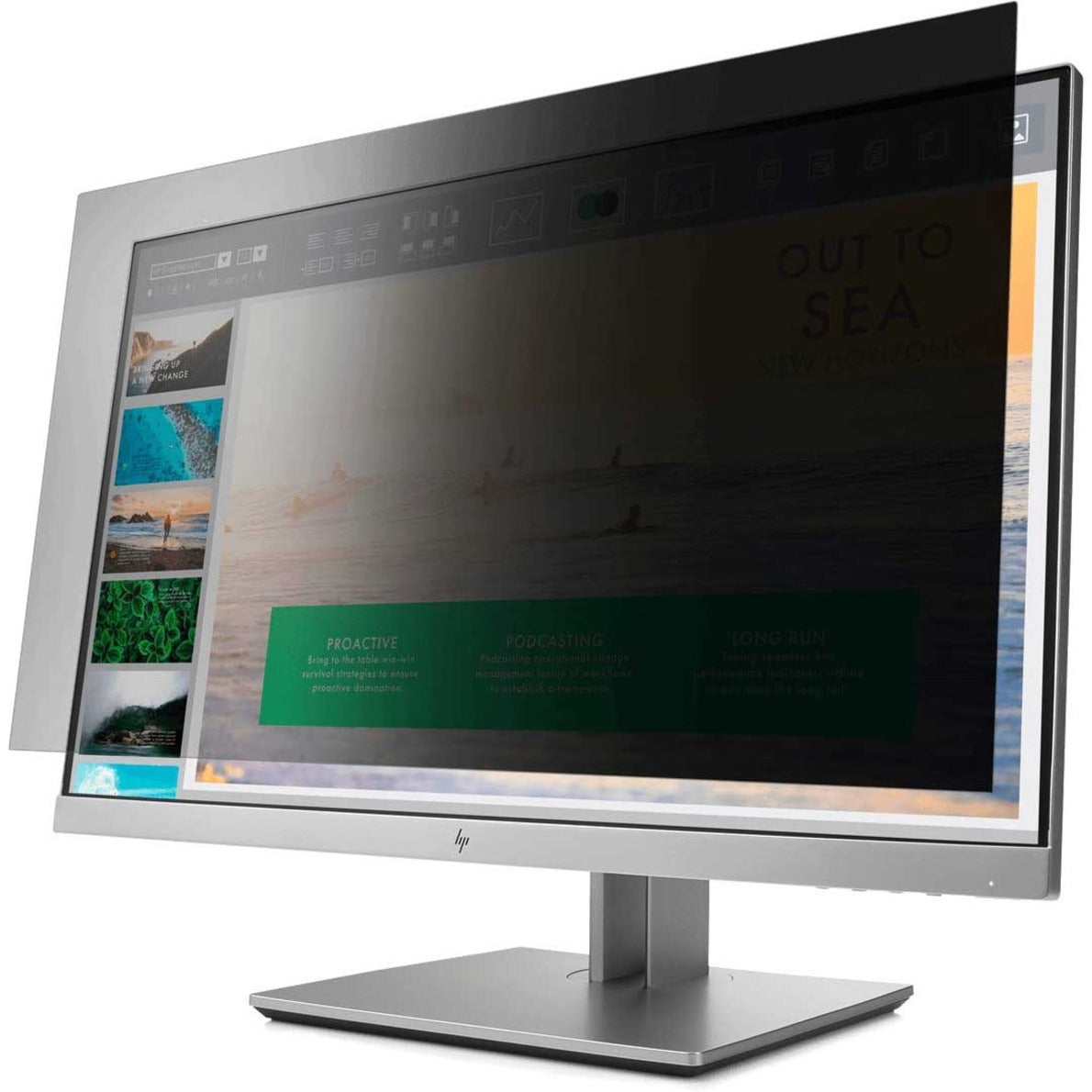 Targus privacy screen mounted on HP EliteDisplay E233 monitor showing darkened side viewing angles-alternate-image1