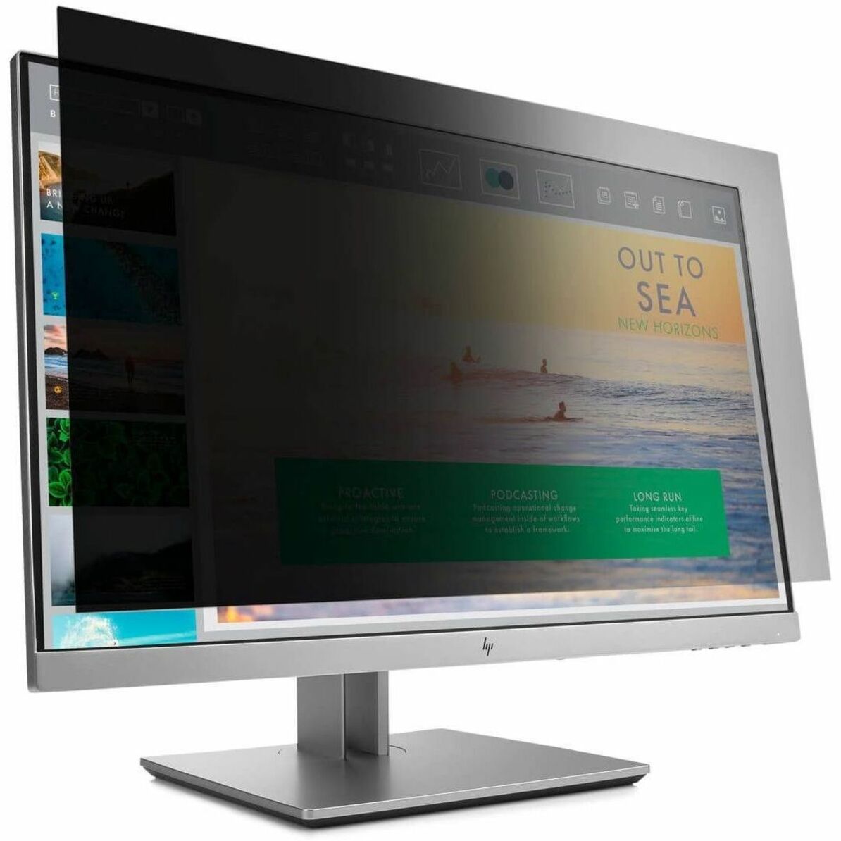 Side view of Targus privacy screen on HP monitor demonstrating privacy protection at various angles-alternate-image2