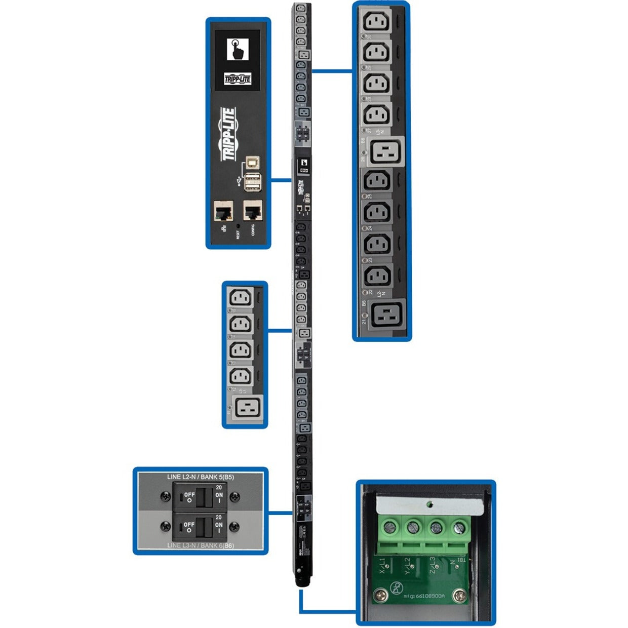 Detailed view of PDU3XEVSRHWB showing network interface, outlet banks, and hardwire connection terminals-alternate-image1