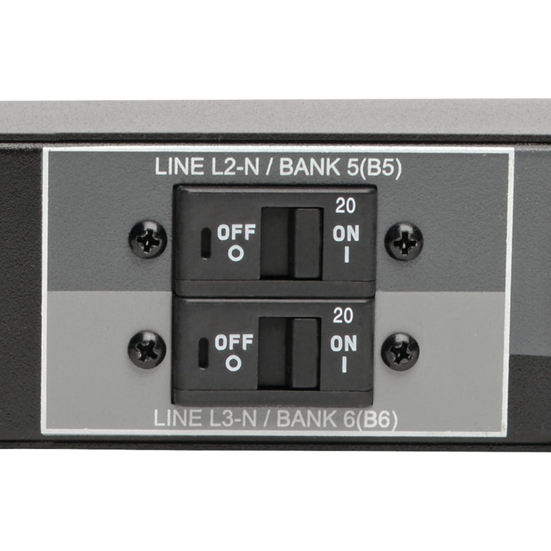 Close-up of PDU circuit breaker panel with status indicators