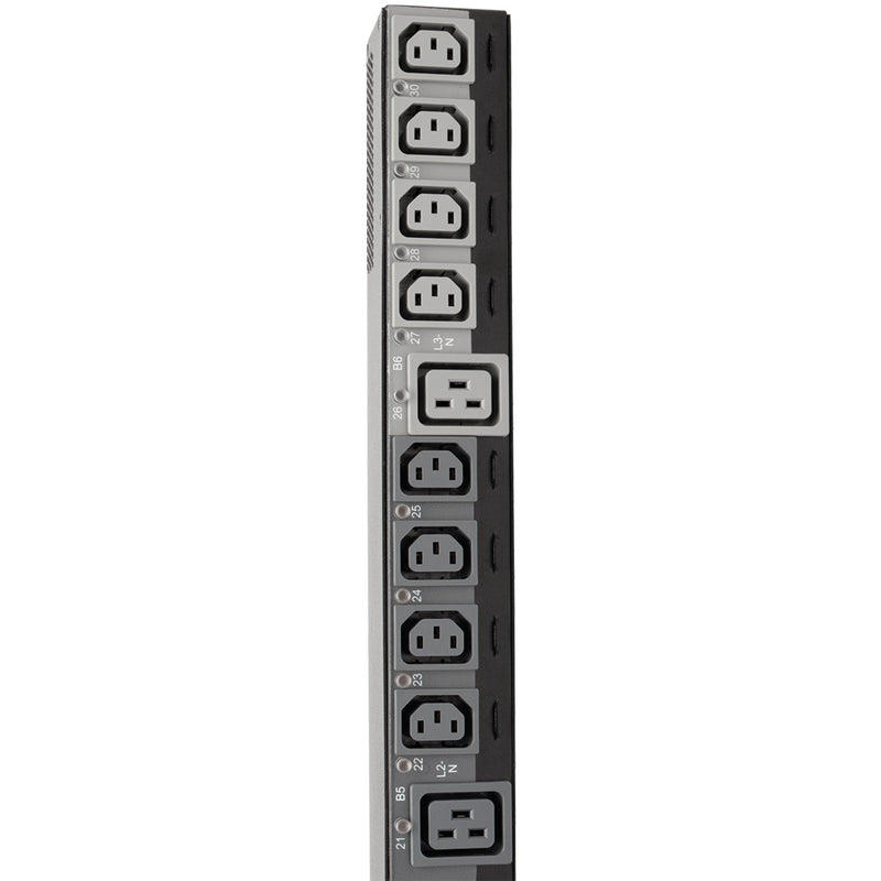 Detailed view of PDU outlet bank configuration showing C13 and C19 receptacles