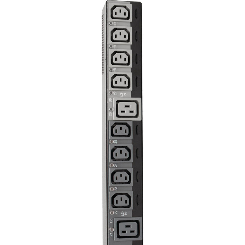 Close-up of PDU outlet array showing C13 and C19 power outlets