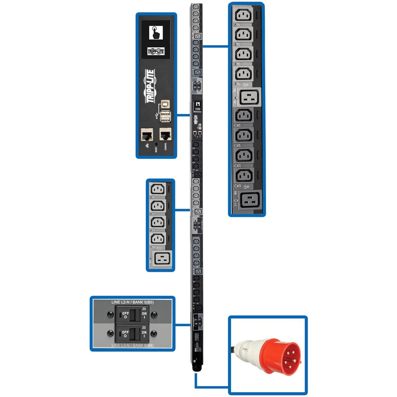 Tripp Lite: 牌3XEVSR6G32B 30插座PDU，3相开关，32A，22.2KW，220/230V，24个C13，6个C19定制