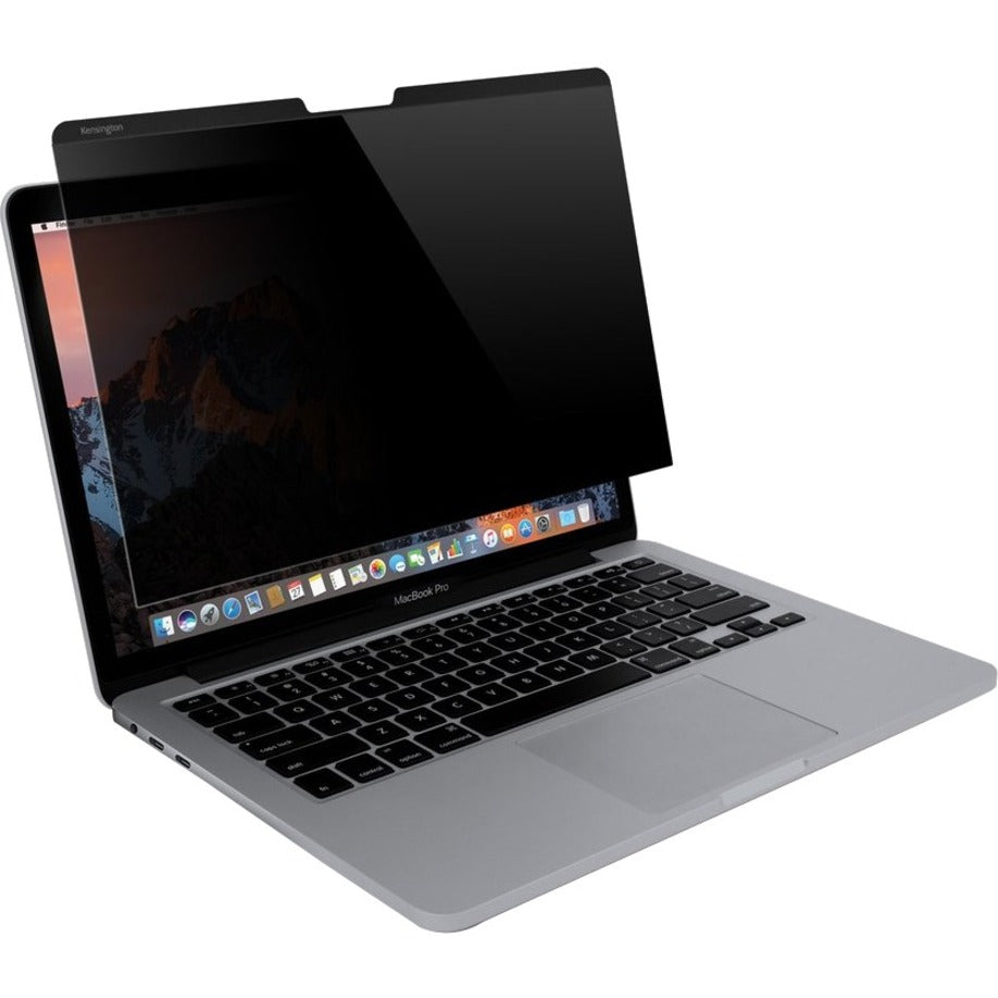 MacBook Pro 13-inch laptop with Kensington privacy screen installed showing darkened display from front view-alternate-image1