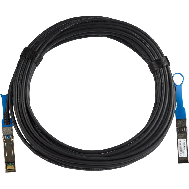 Full length view of 10-meter StarTech.com SFP+ direct attach cable with strain relief and cable management