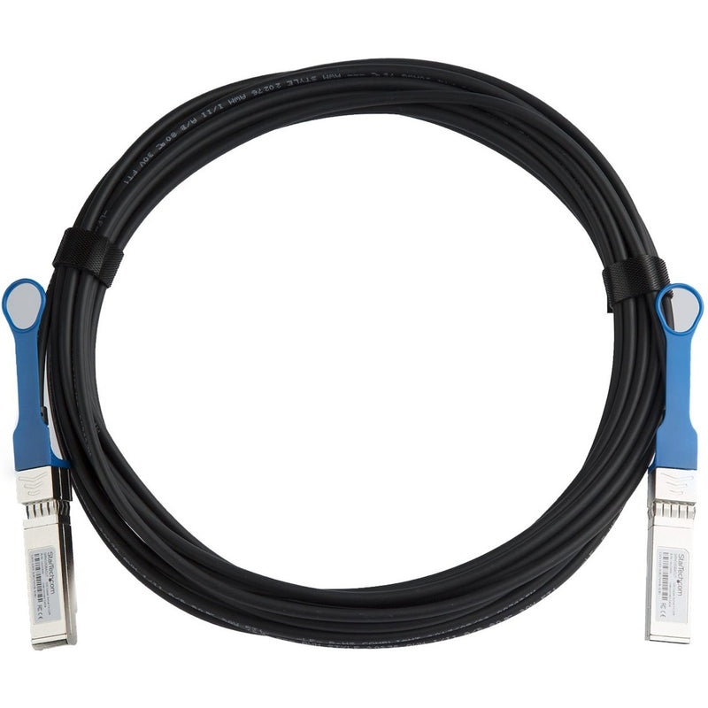 Full-length view of 7-meter StarTech.com SFP+ direct attach cable with blue pull tabs on both ends